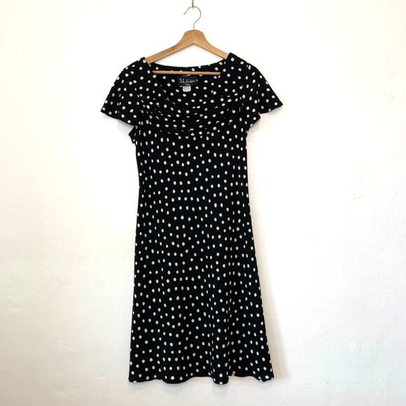 Vintage 90s – Boat Neck Polka Dot Midi Dress - Picture 1 of 8